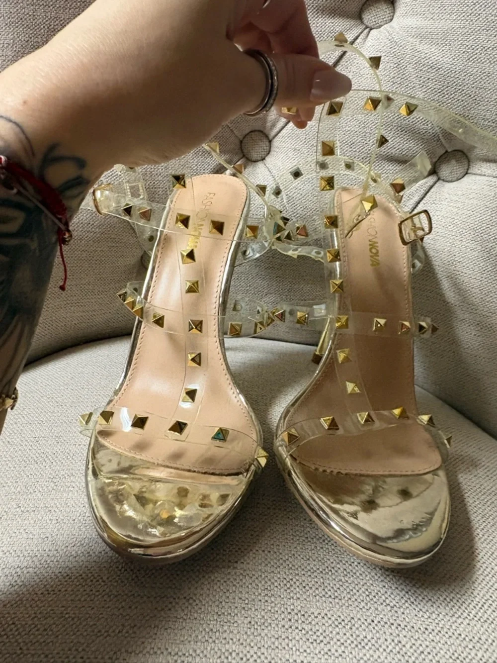 Fashion Nova clear/studded Women's Sandals in Nude/Gold